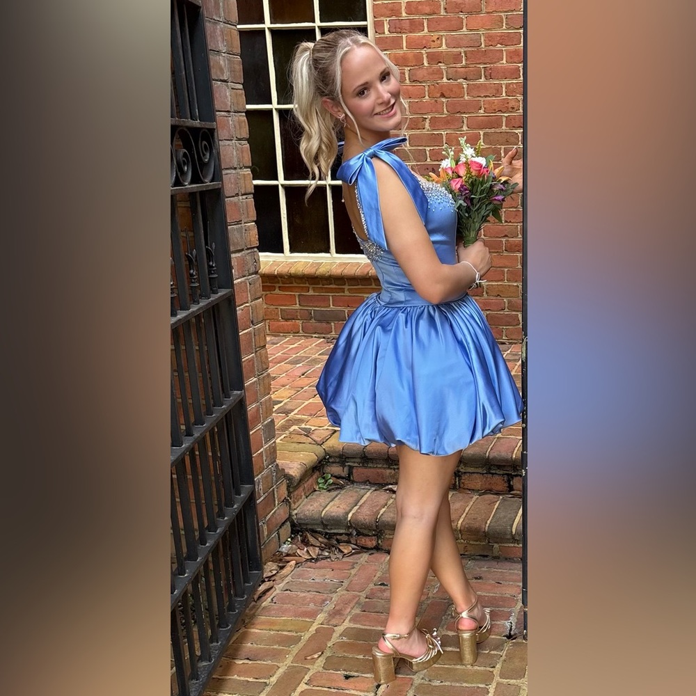 Blue Satin Dress with Pearl Details